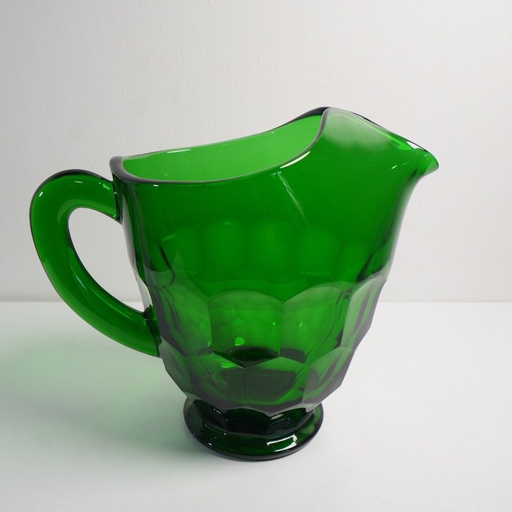 Vintage Mosser Green Glass Pitcher Large 8" Emerald Honeycomb Faceted MCM Jug